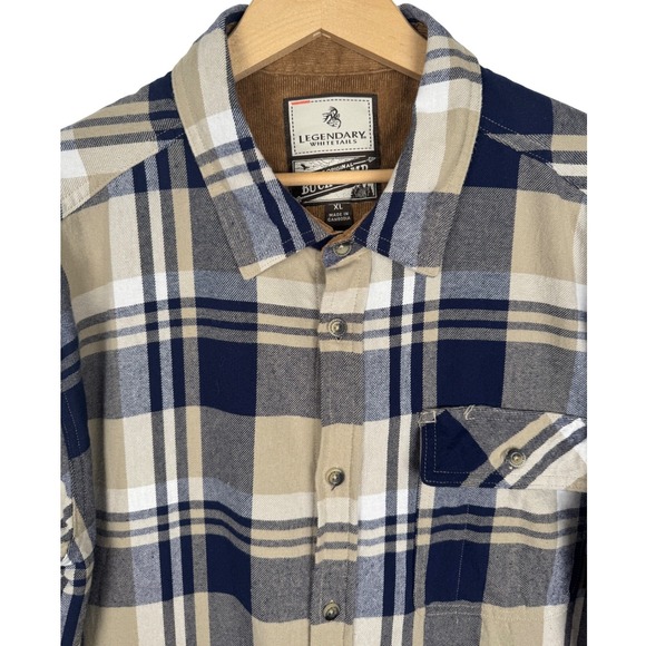 Legendary Whitetails Buck Camp Flannel Shirt Mens XL Blue Beige Plaid Button Up - Picture 1 of 10